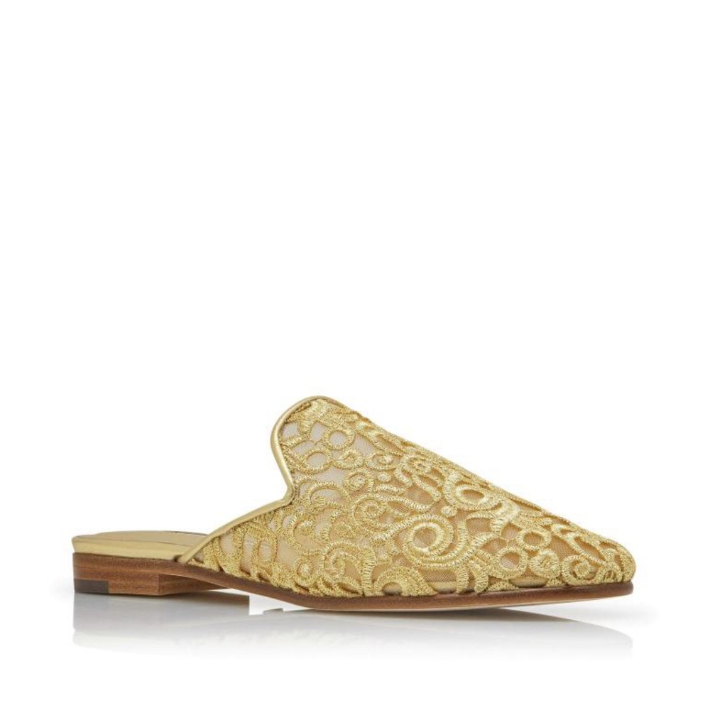 Manolo Blahnik 50th Anniversary Flat Mules in Gold Lace